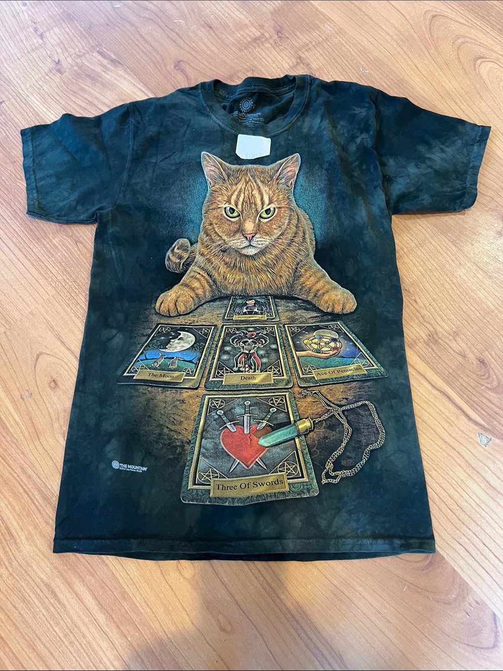 The Mountain Black T shirt S Orange Tabby Cat Tarot cards nwot